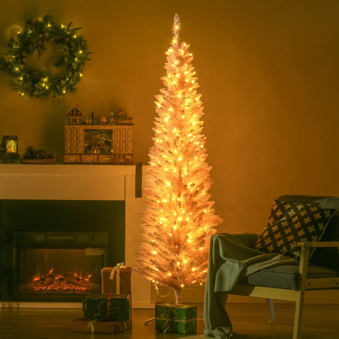 Small white pencil Christmas tree with lights