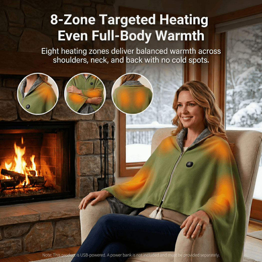 Heated Cotton Shawl Wrap with 8 Heat Zones and USB Power – Hendrano™