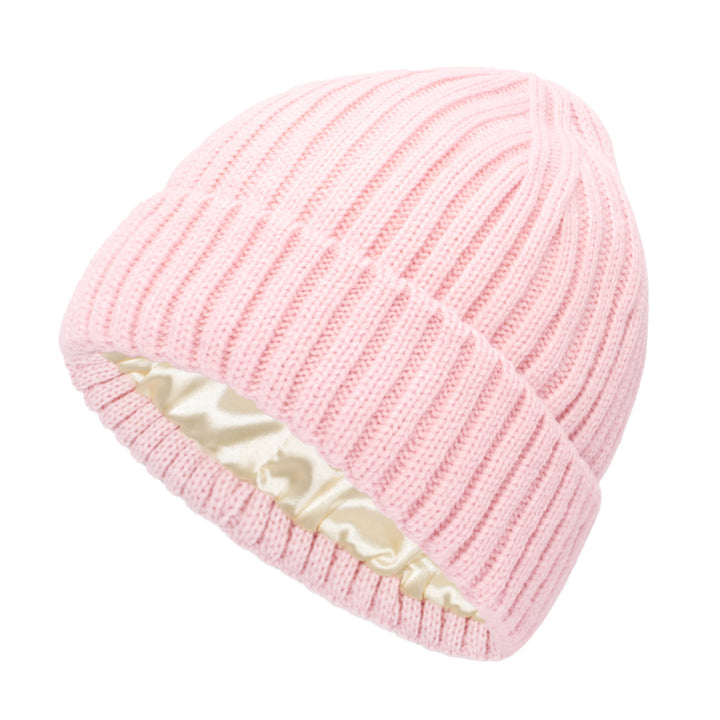 Satin-lined ribbed knit beanie in cream