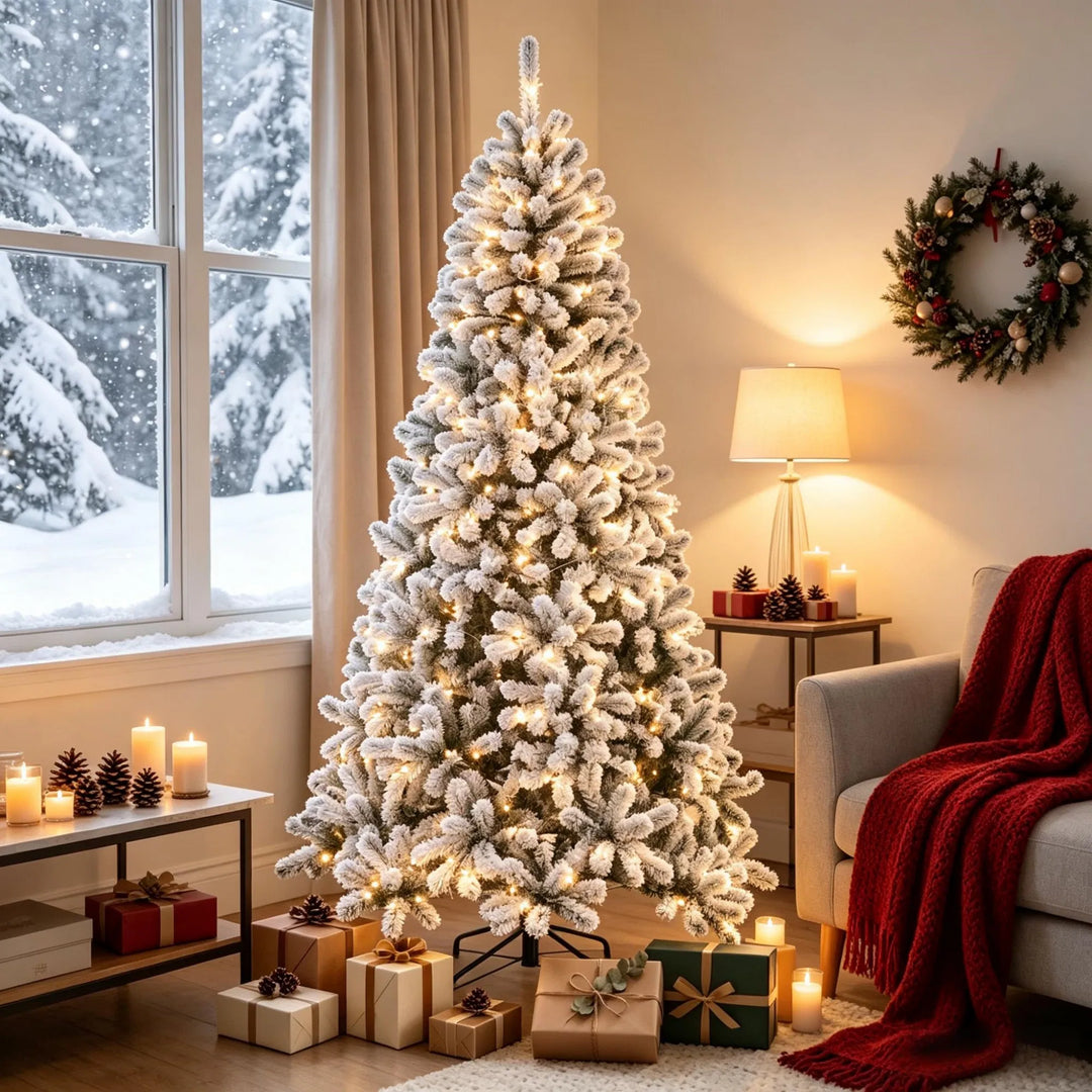 Flocked Northern pine Christmas tree lit warm
