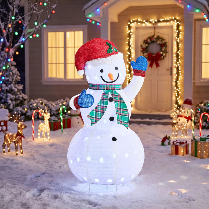 Lighted fabric snowman with plaid scarf