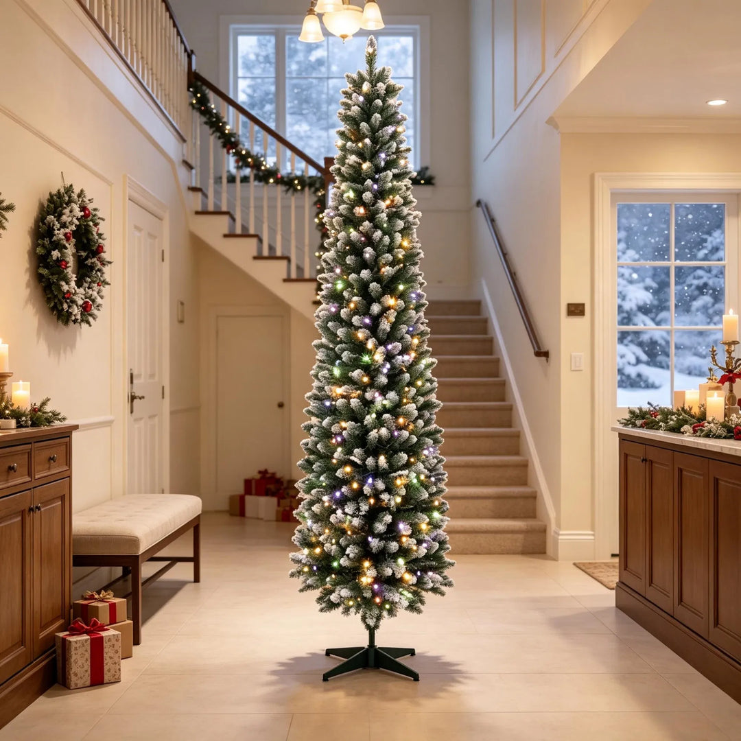 Tall slim frosted pre-lit pencil tree