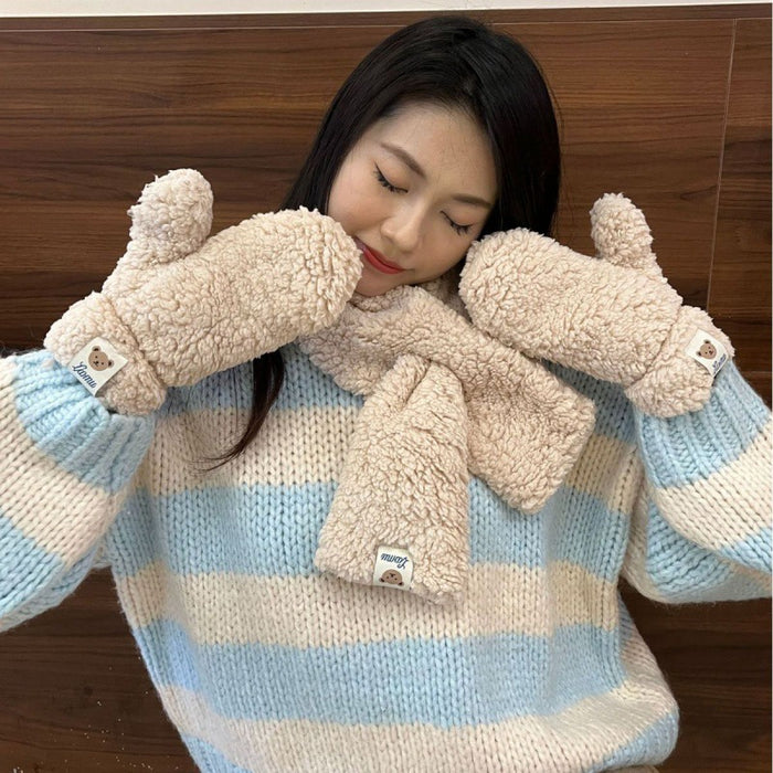 Hendrano Teddy Mittens and Scarf Set with Bear Patch