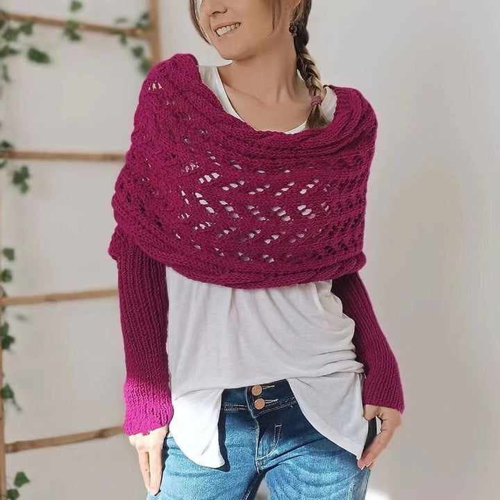 Woman wearing a knit shawl with sleeves