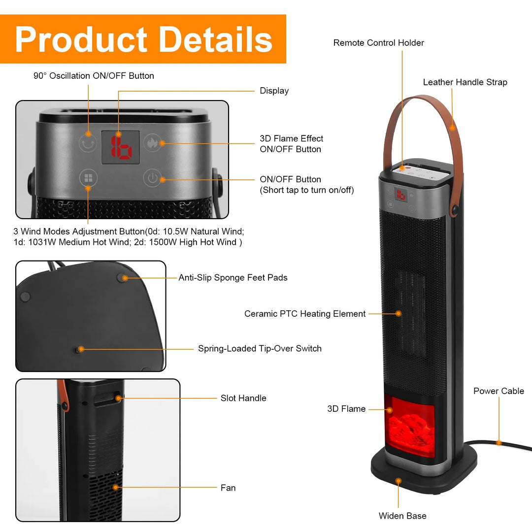 Black tower space heater with glowing flame effect window