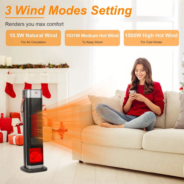 Black tower space heater with glowing flame effect window