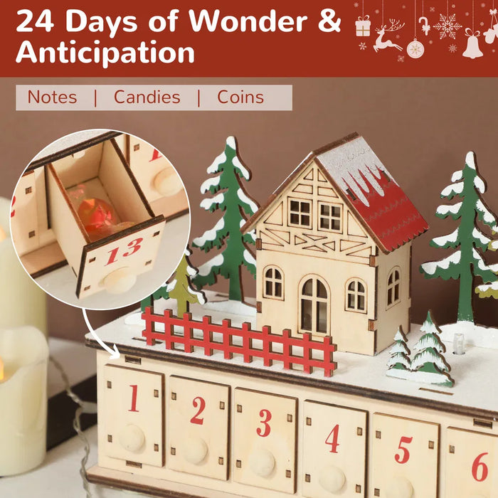 Hendrano Long Lighted Wooden Advent Calendar Village for Mantels