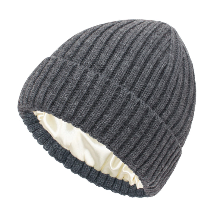 Satin-lined ribbed knit beanie in cream