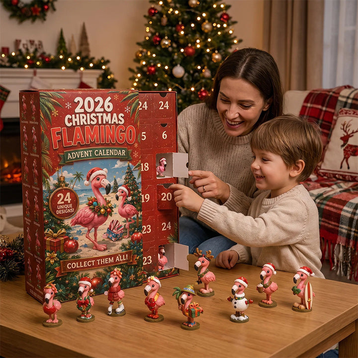 Flamingo advent calendar with Christmas figures