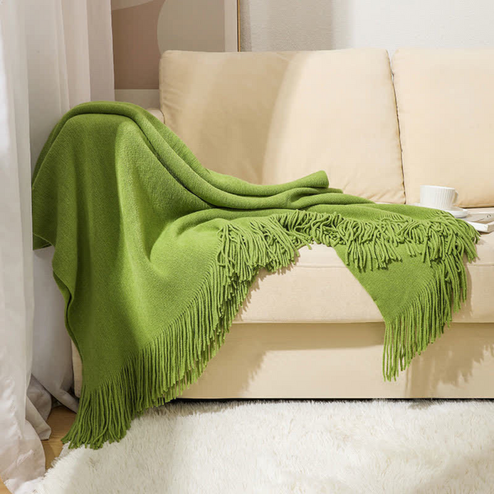 Chunky Knit Throw Blanket with Tassel Edges in Soft Acrylic