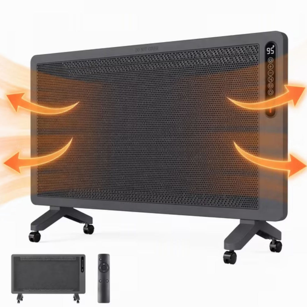 White slim panel heater rolling on castors