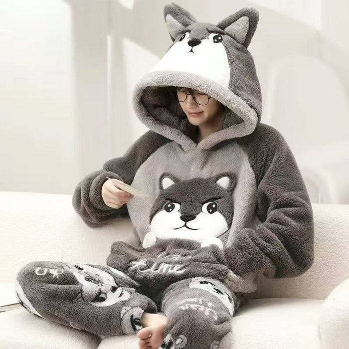 Hendrano Coral Fleece Pajama Set with Animal Ears Hood
