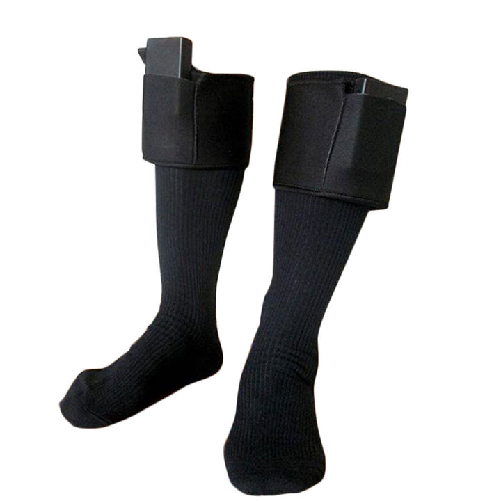 Black heated socks with calf-strap battery cases