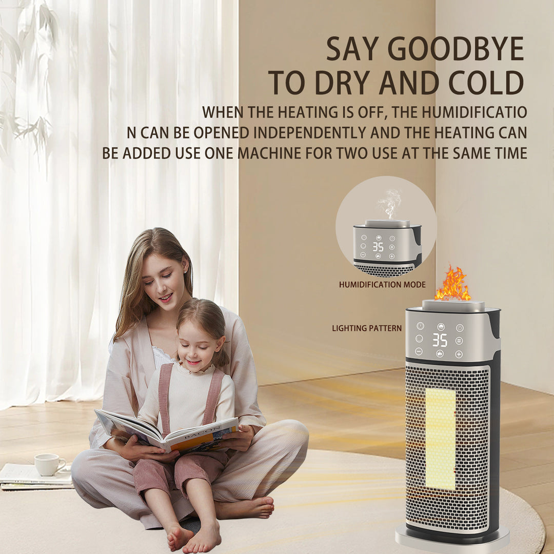 Silver tower fan heater with glowing flame-effect humidifier