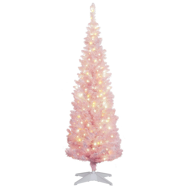 Pink snow-flocked pencil Christmas tree lit