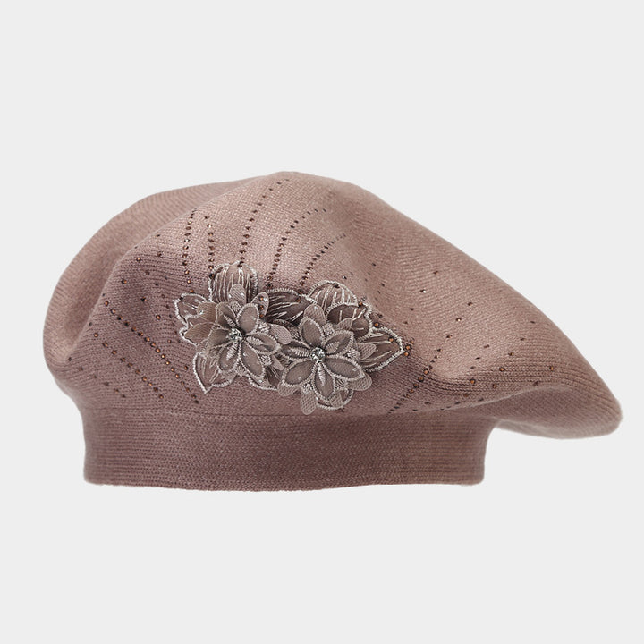 French knit beret with flower and rhinestones