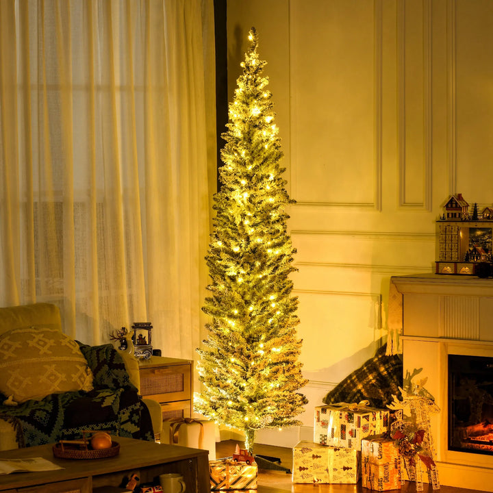 Green pre-lit pencil tree with warm lights