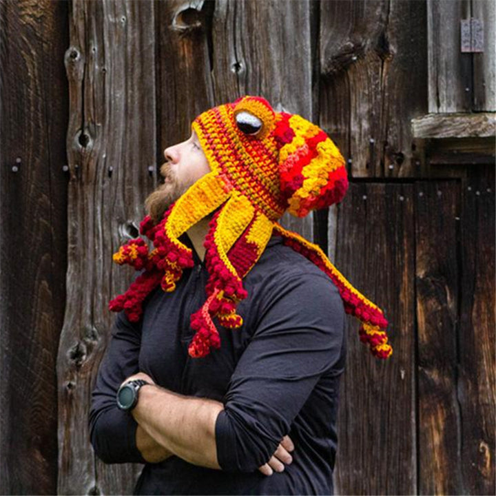 Colorful crochet octopus hat with curly tentacles