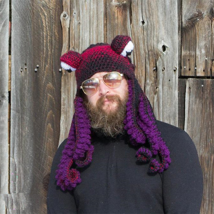 Colorful crochet octopus hat with curly tentacles