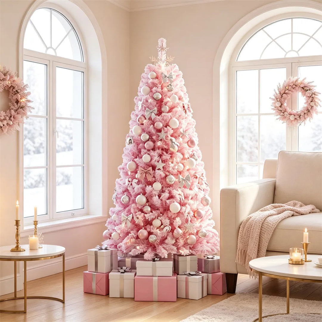 Small pink flocked pre-lit Christmas tree