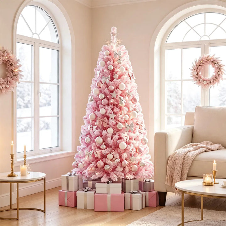 Small pink flocked pre-lit Christmas tree