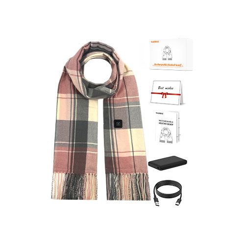 Woman wearing heated plaid scarf