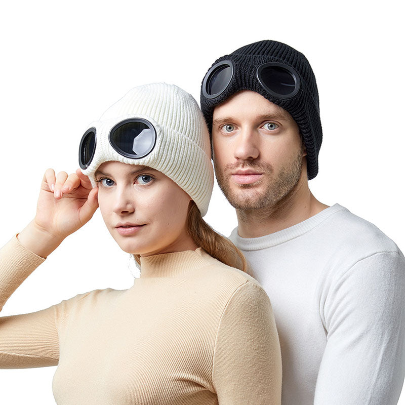 Knit beanie with flip-up goggles on front