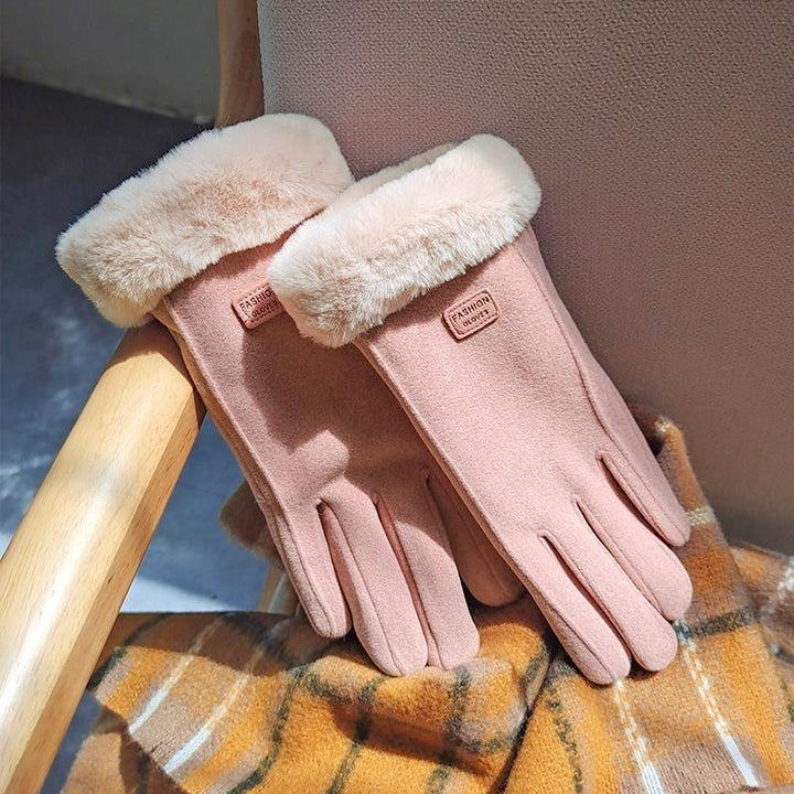 Pink suede-look gloves with faux-fur cuff