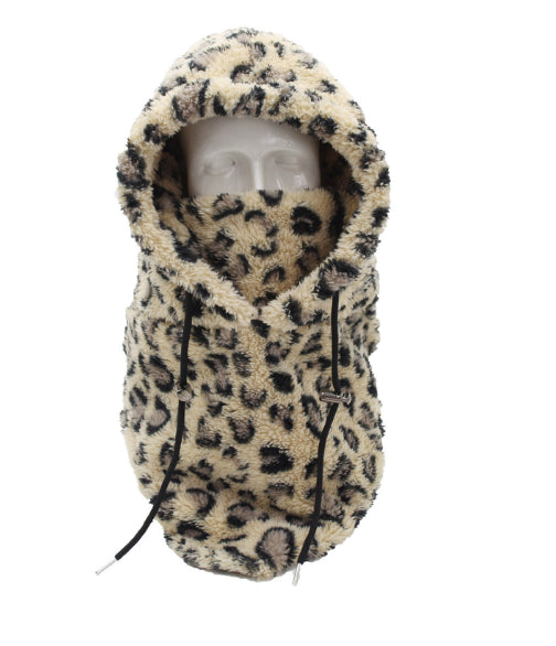 Woman wearing a plush hooded scarf