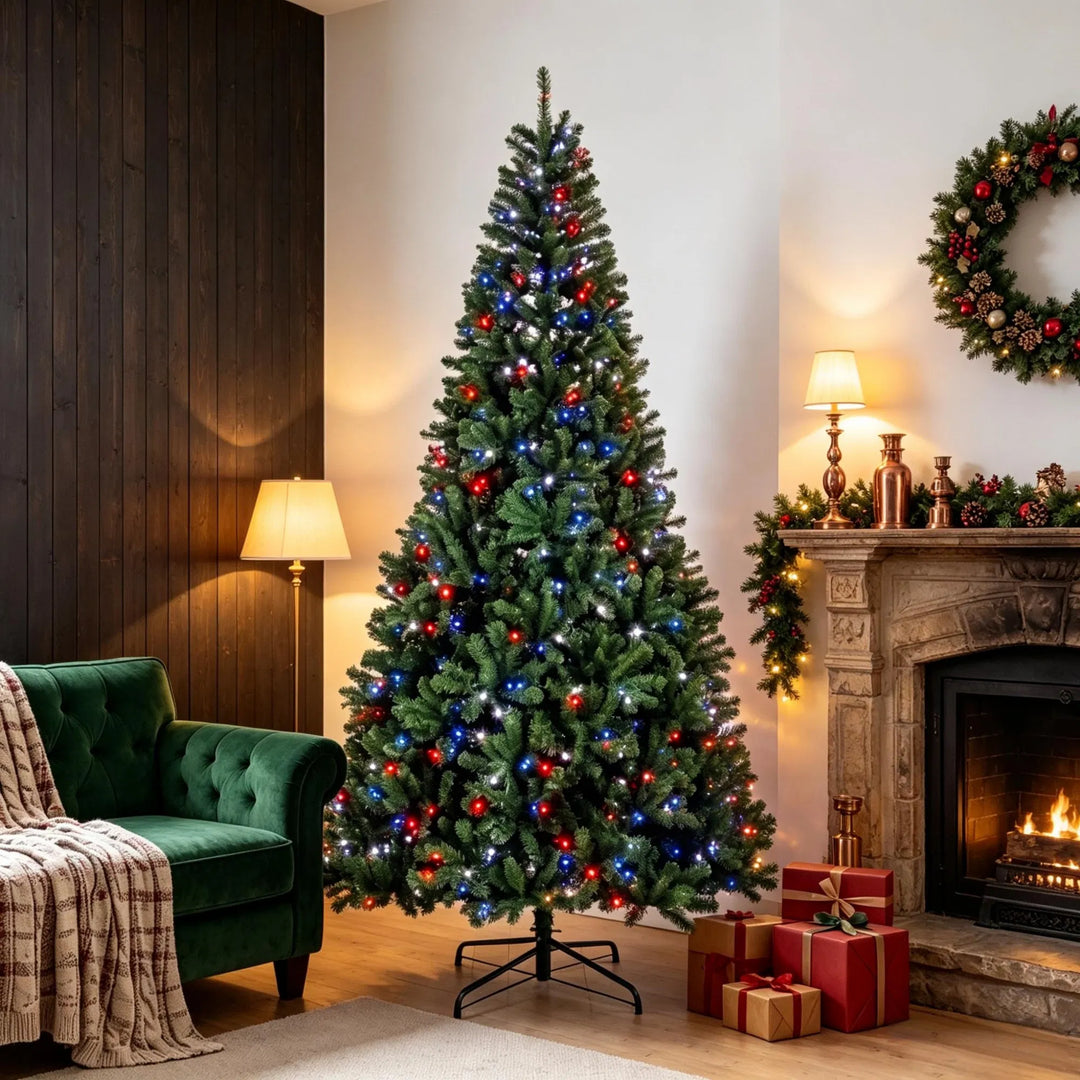 Tall pre-lit fir tree with colorful lights