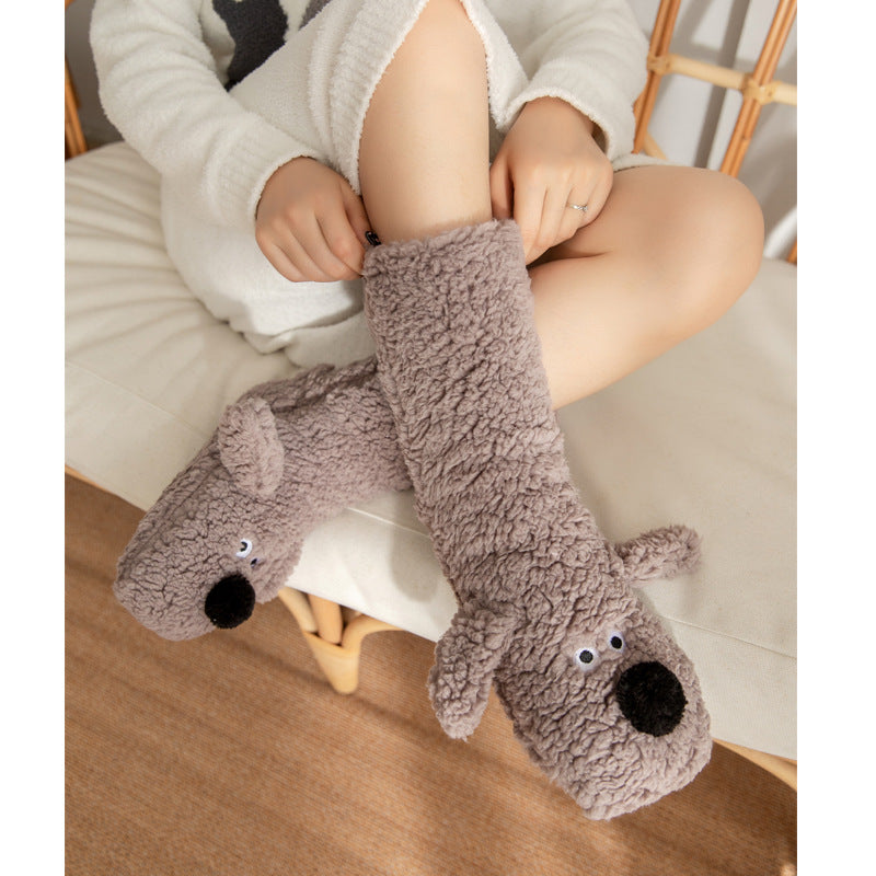 Plush cartoon dog slipper socks