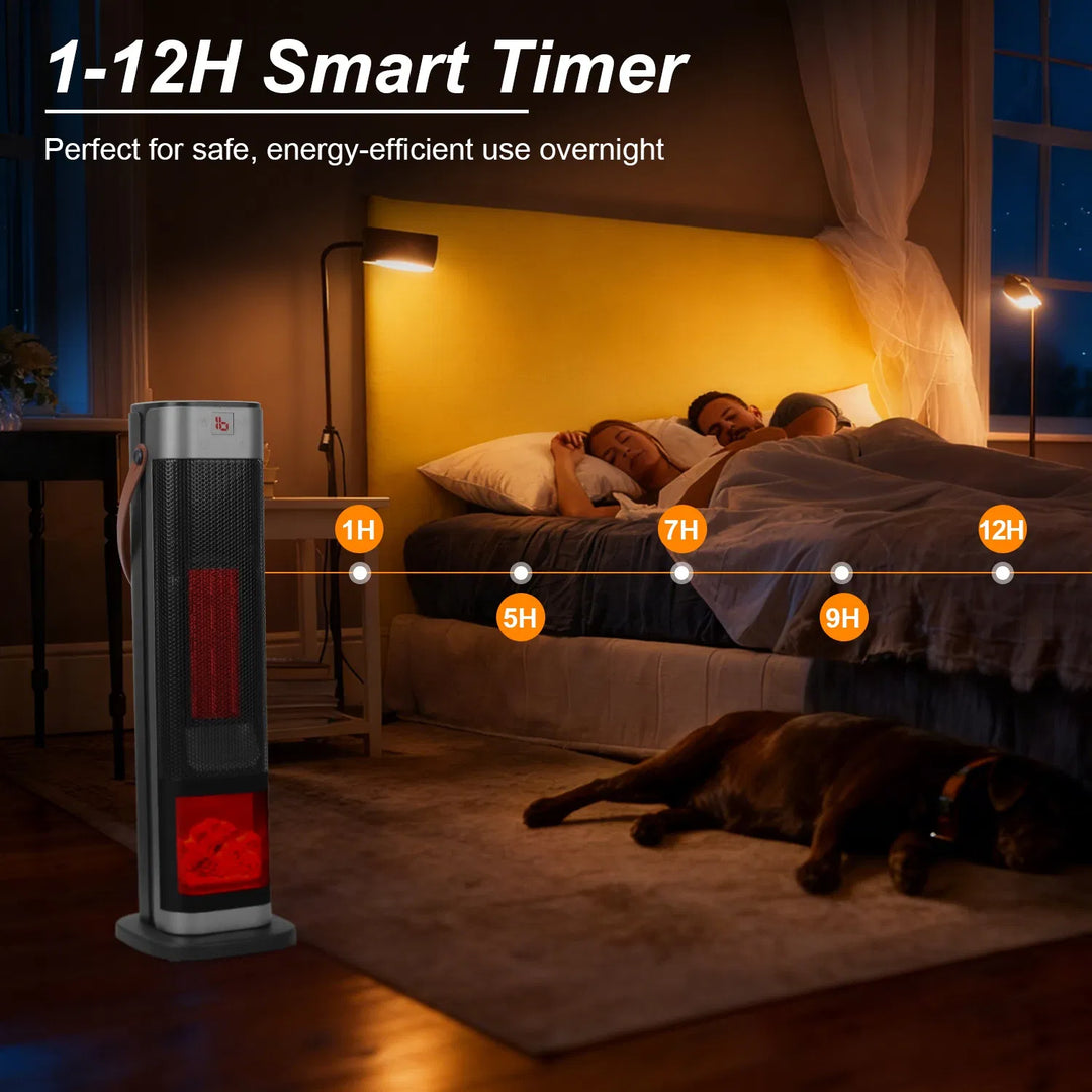 Black tower space heater with glowing flame effect window