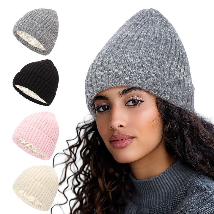 Satin-lined ribbed knit beanie in cream