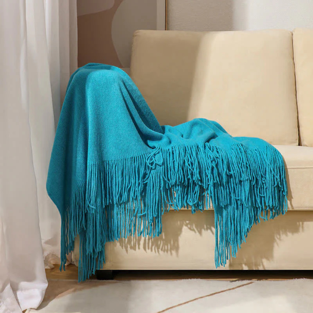 Chunky Knit Throw Blanket with Tassel Edges in Soft Acrylic