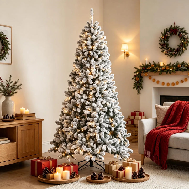 Flocked Northern pine Christmas tree lit warm