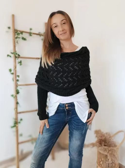Hendrano Openwork Knit Shawl with Sleeves for Shrug or Wrap