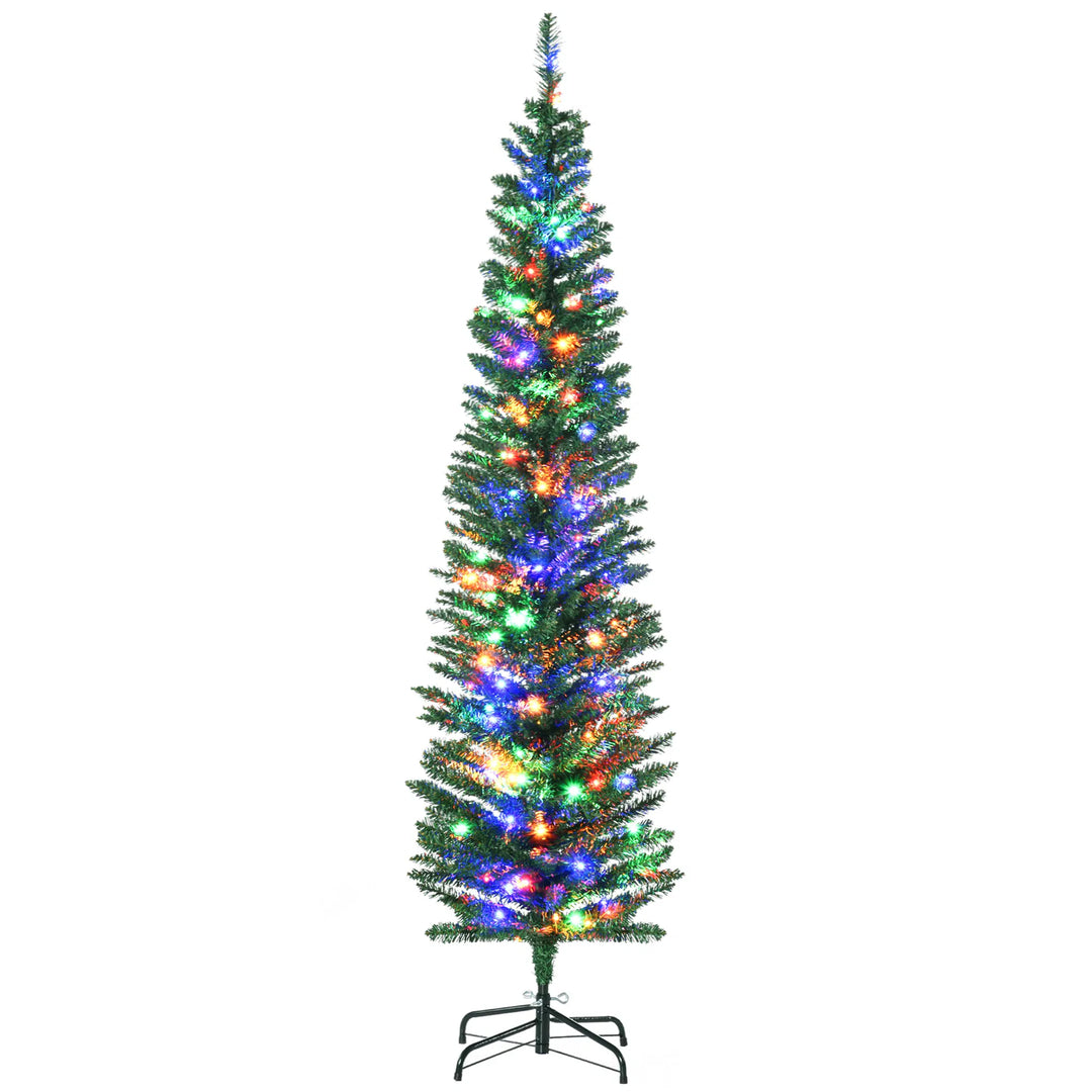 Green slim Christmas tree with multicolor lights