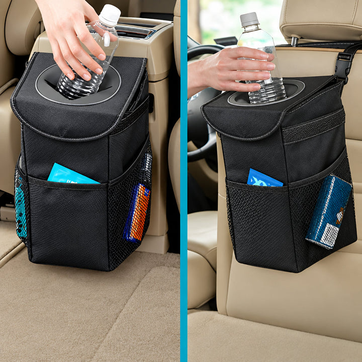 Leakproof Car Trash Can with Lid and Storage Pockets
