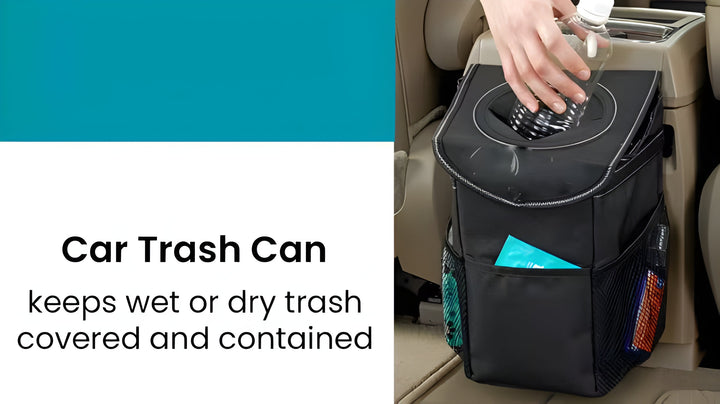 Leakproof Car Trash Can with Lid and Storage Pockets