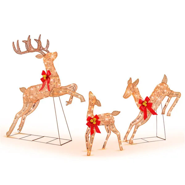 Hendrano Set of 3 Lighted Glitter Reindeer with Red Bows