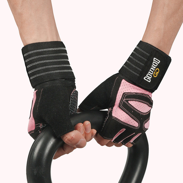 Black half-finger gym gloves with wrist wrap