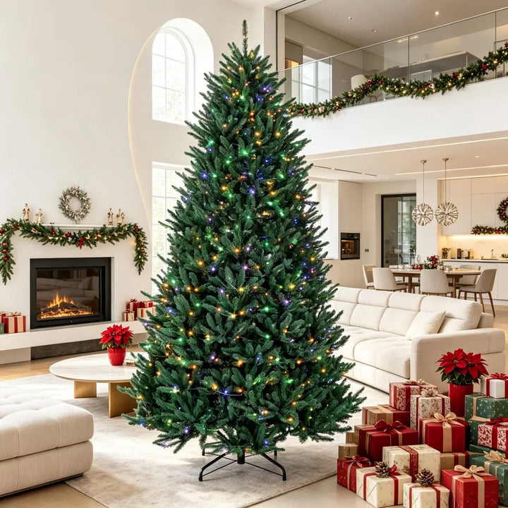Full 9 ft pre-lit Christmas tree glowing