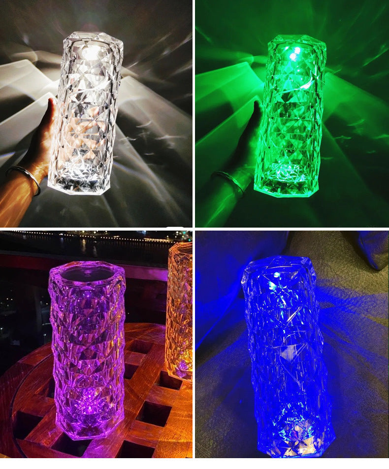 Crystal rose lamp projecting rose shadows