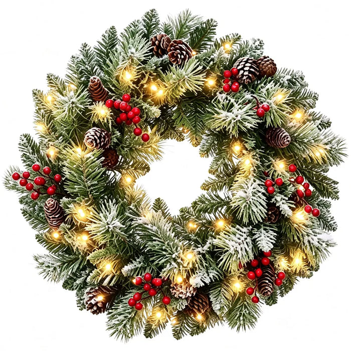 Hendrano 24 in Frosted Lighted Wreath with Red Berries
