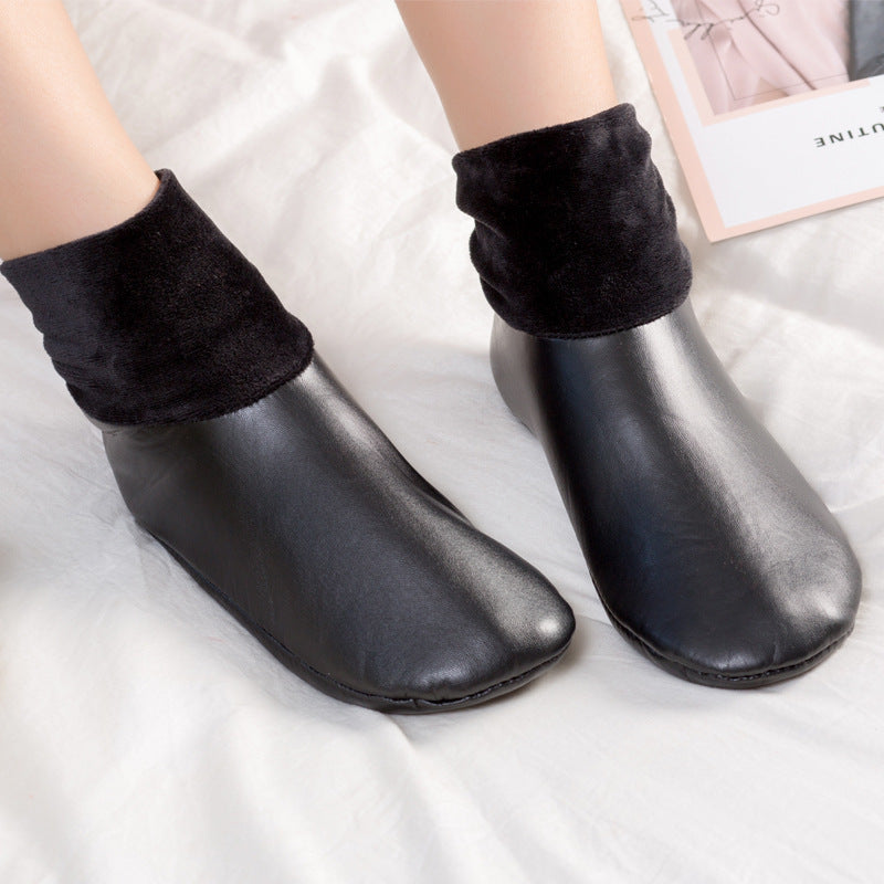 Black faux leather fleece-lined slipper boots
