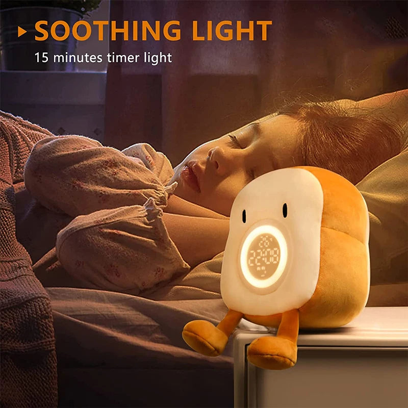 Toast Plush Alarm Clock with Dimmable Night Light and Phone Stand