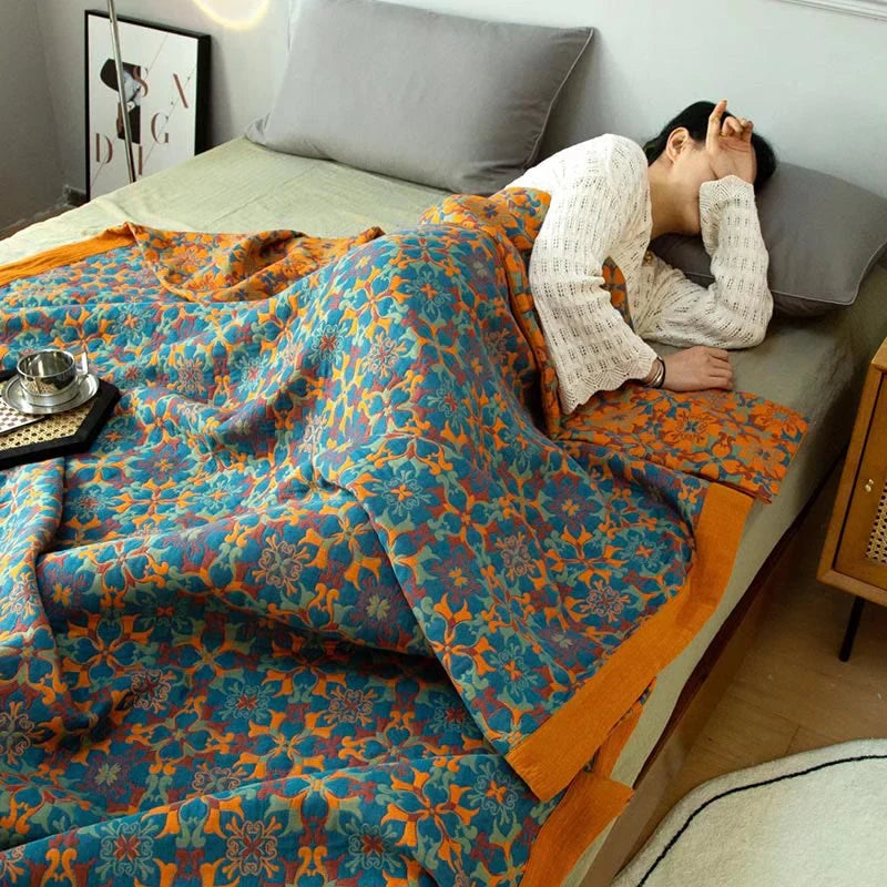 Six-Layer Cotton Blanket with Orange and Blue Pattern