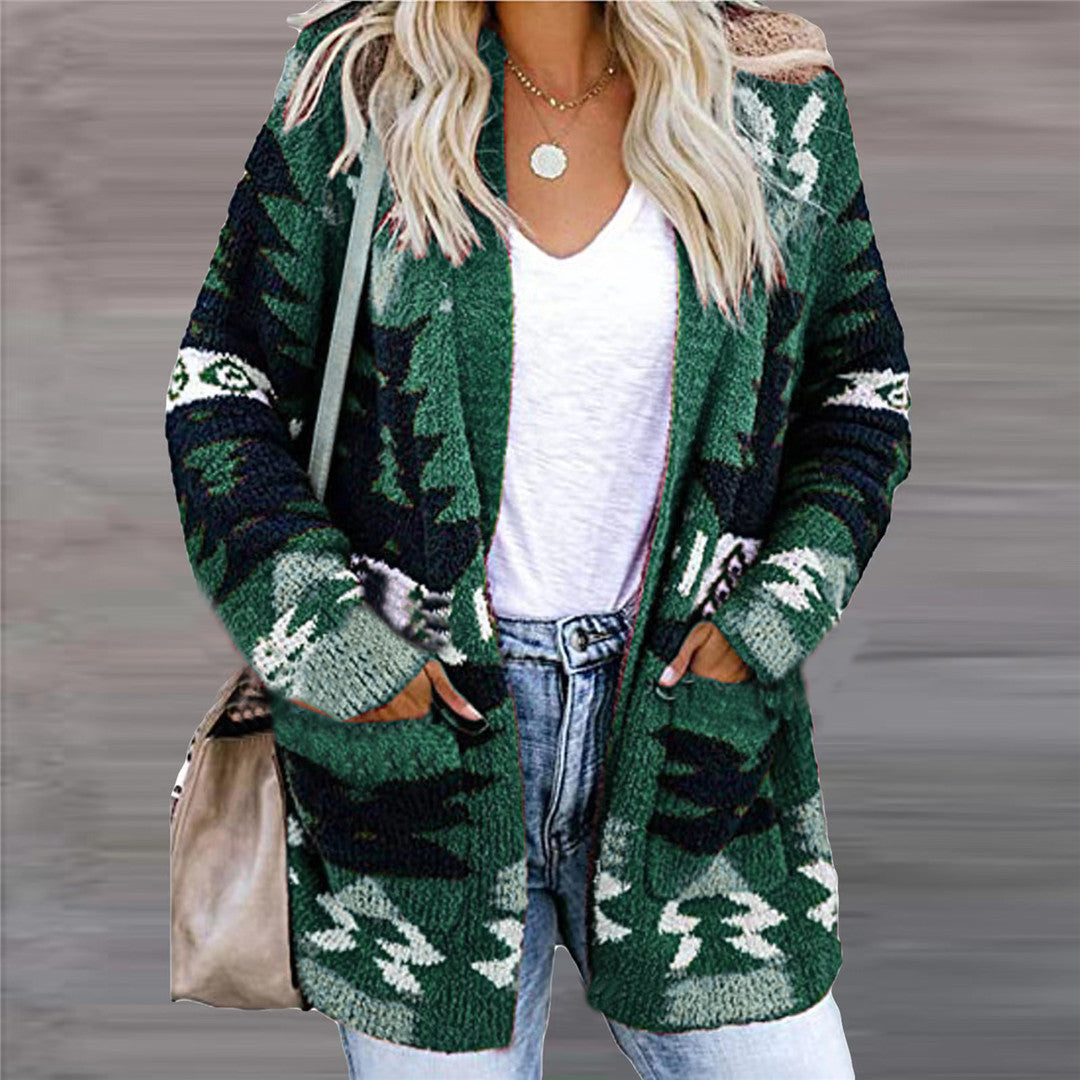Woman in a geometric open-front cardigan