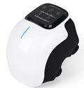 White wearable knee massager wrapped around a knee