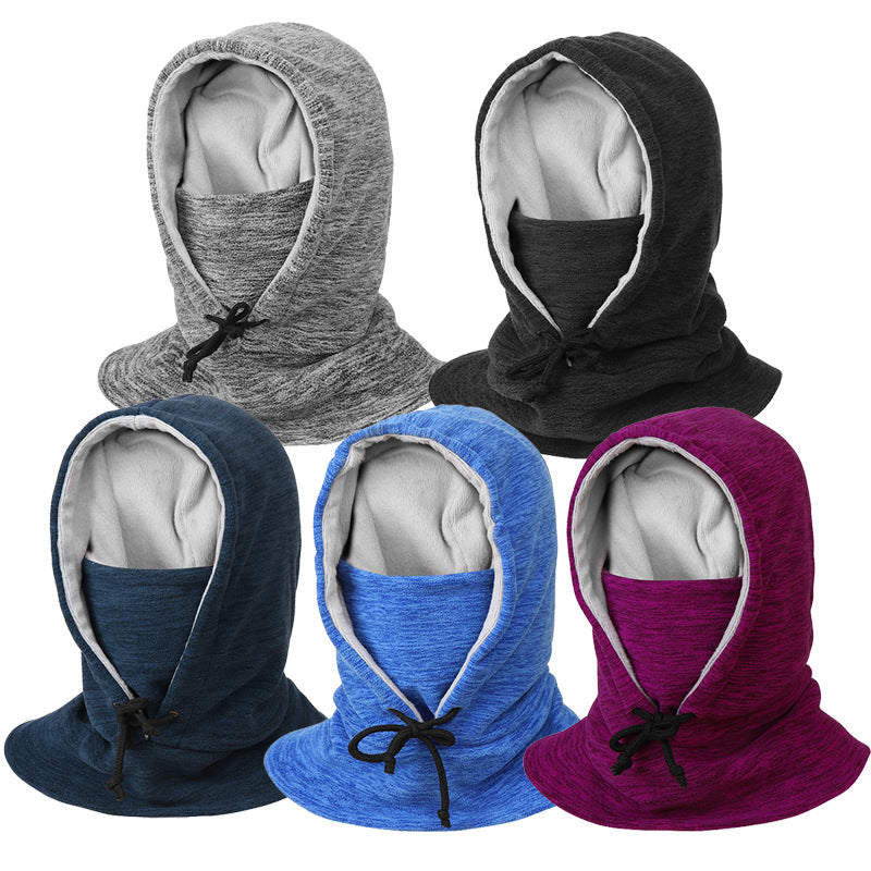 Person wearing a fleece balaclava hood